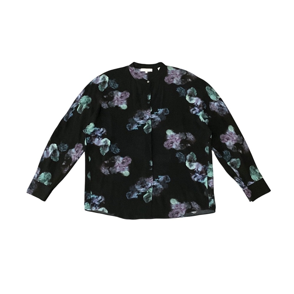 Vince 100% Silk Black Floral Dolman Sleeve Pullover Blouse‎ Mandarin Neck M